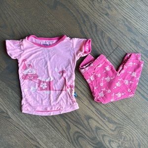 Kickee Pants 2 piece pajamas. Hot pink with cat and scooter.